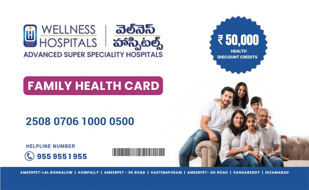 Wellness Hospitals Family Health Card — ₹50,000 health discount credits, valid across all branches